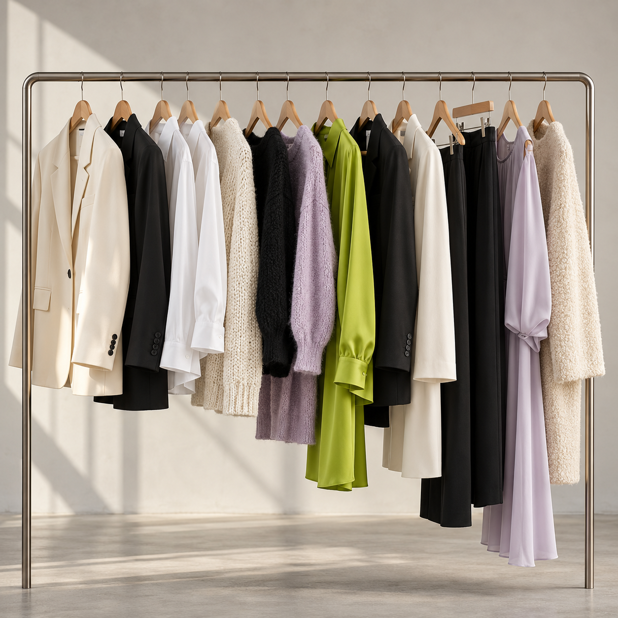 A curated clothing rail with tailored blazers, shirts and knitwear in cream, black, lilac and lime green